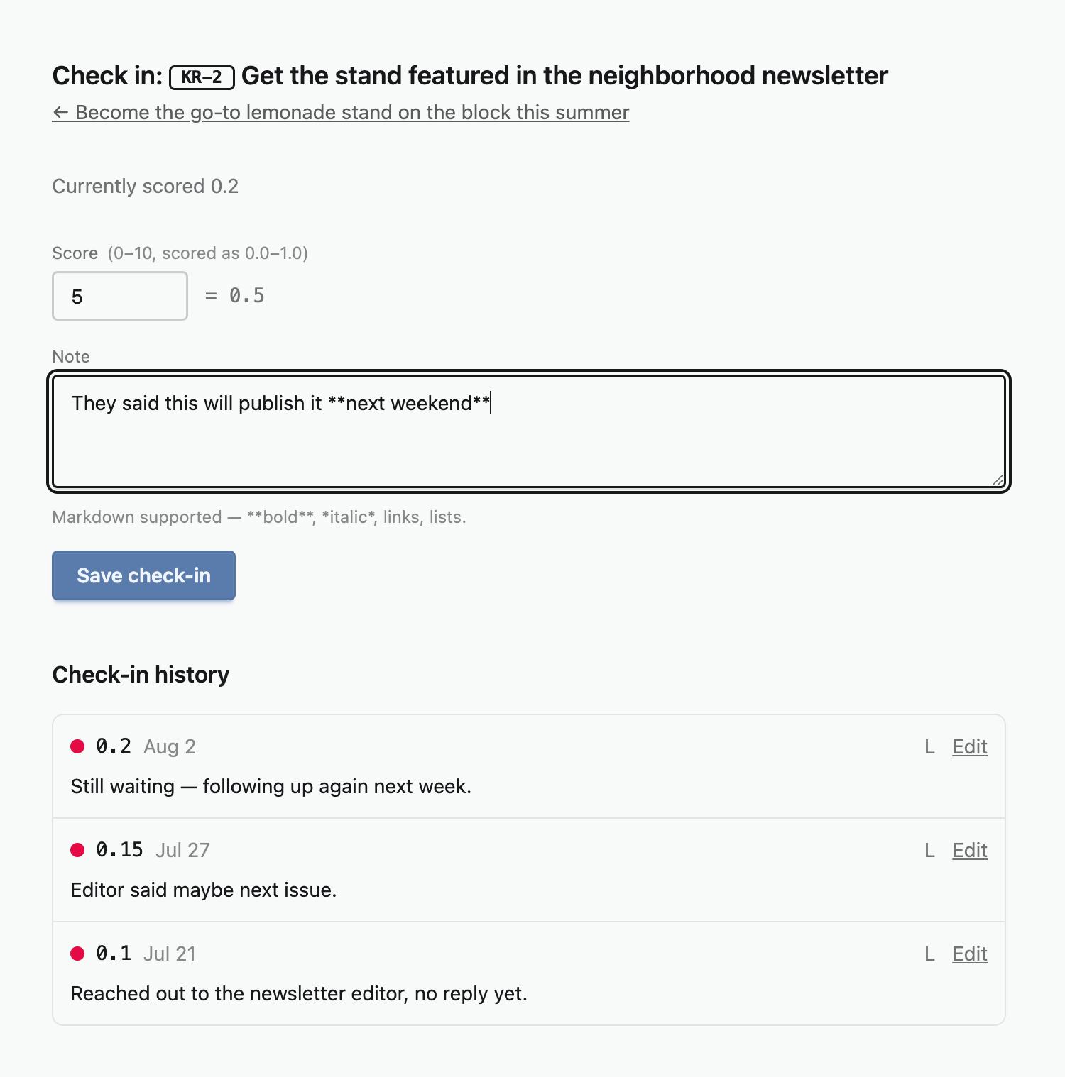 Check-in form with a score and a markdown-formatted note