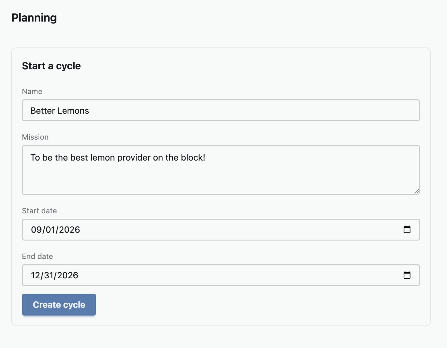 Planning page showing a cycle with objectives and key results